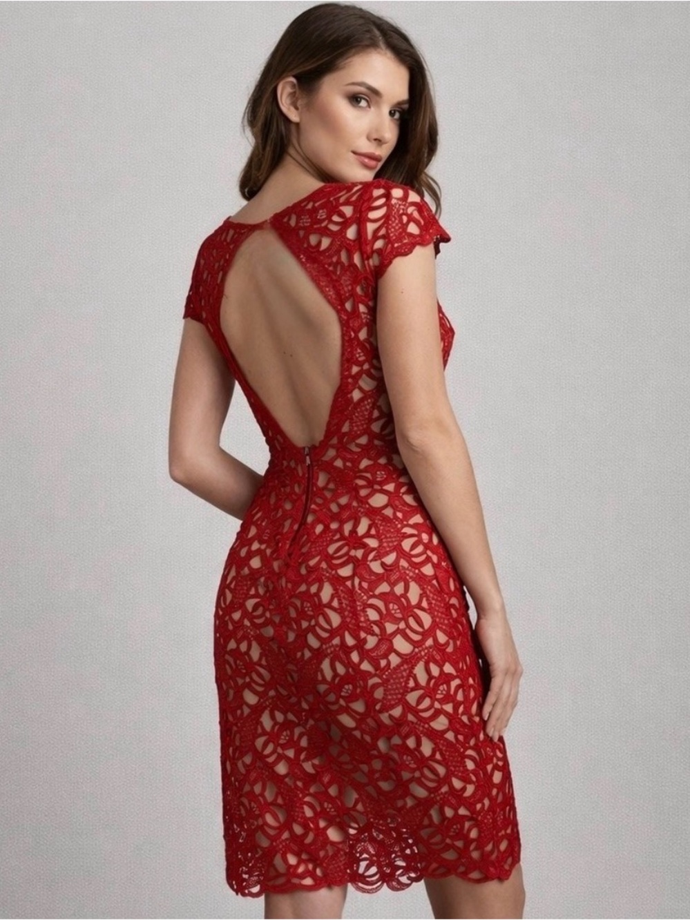 Alice Olivia Womens Red Guipure Lace Open Back Cocktail Dress Size 2 Silk Lin ed